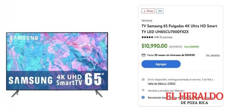 TV Samsung 65 Pulgadas 4K Ultra HD Smart TV LED UN65CU7000FXZX